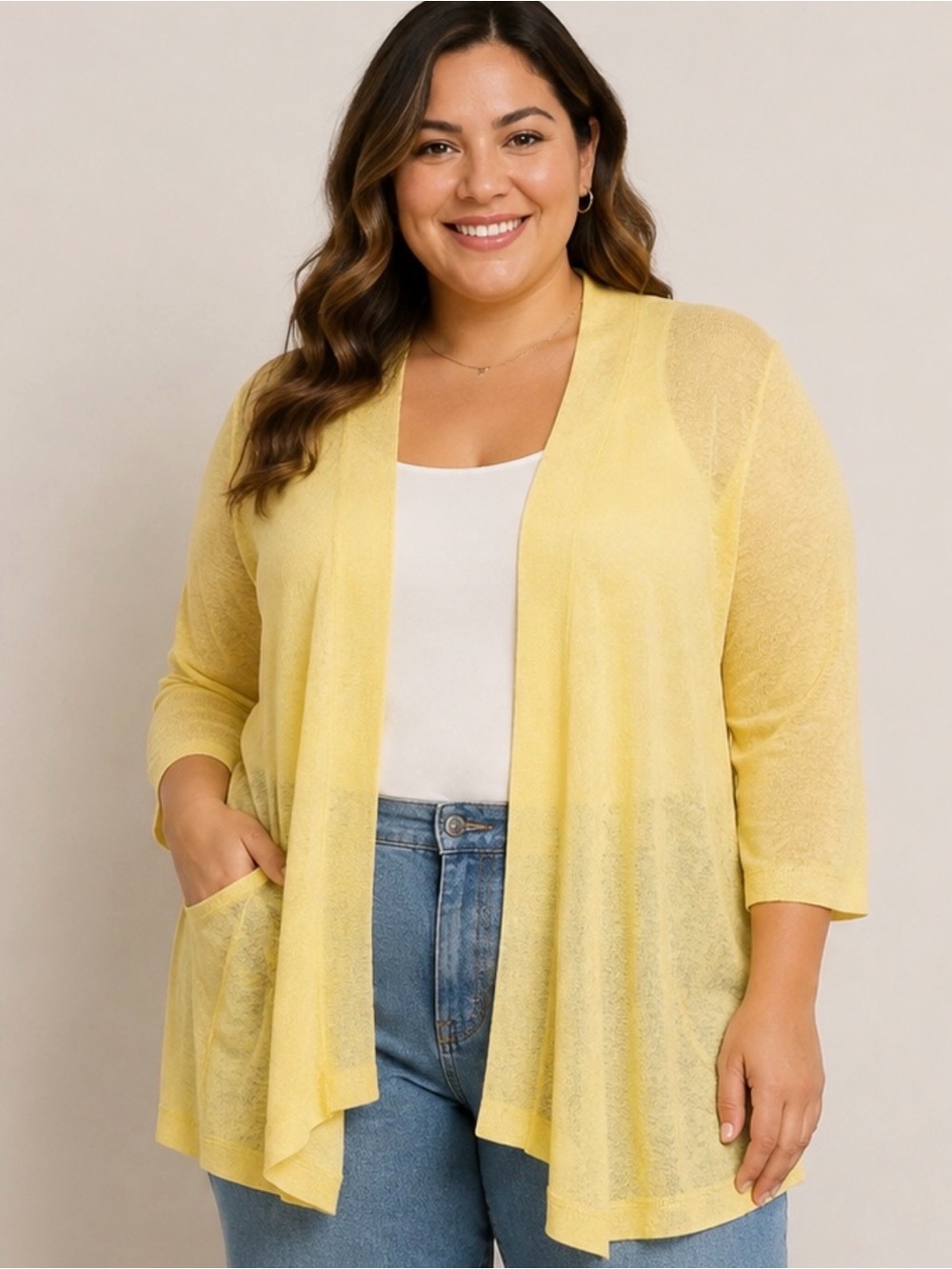 Denim & Co. Slub Knit Open Front 3/4-Sleeve Cardigan Pale Yellow Size L A721692
